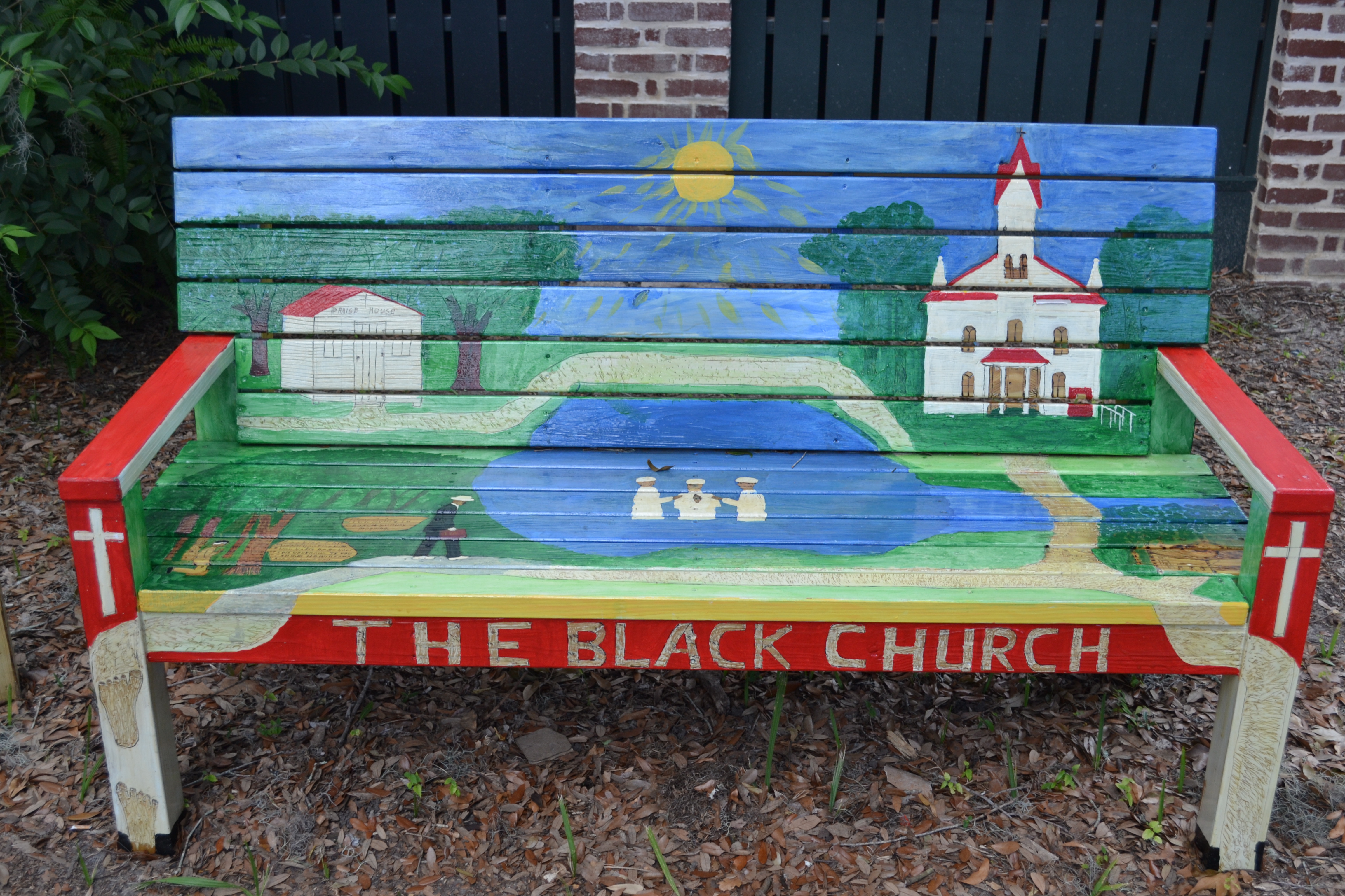 Park bench painted for monument